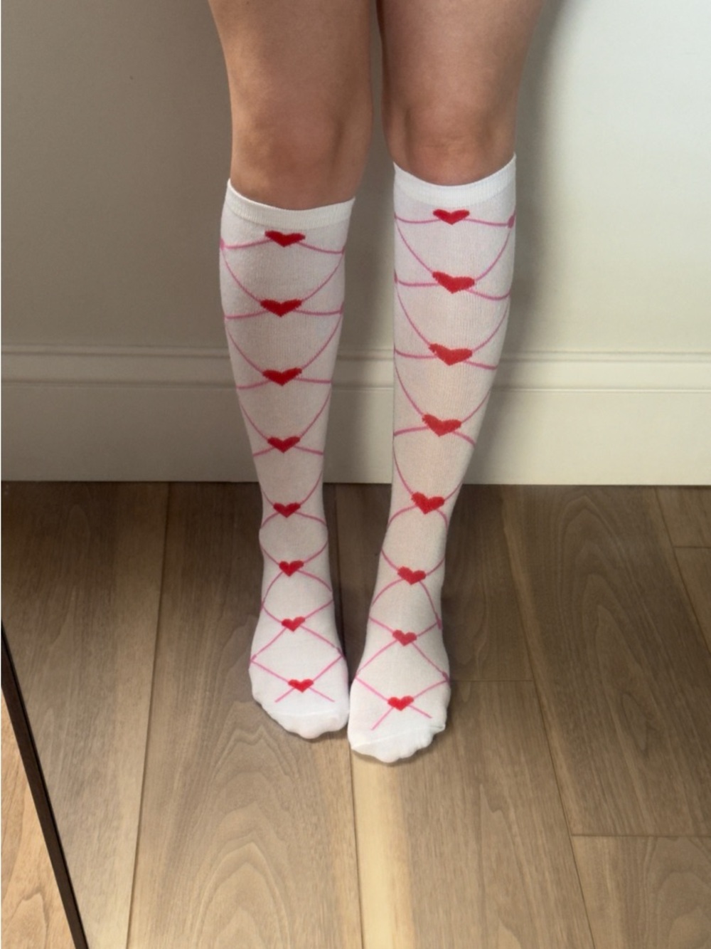 White Knee-High Socks with Pink and Red Heart Pattern - Unbranded